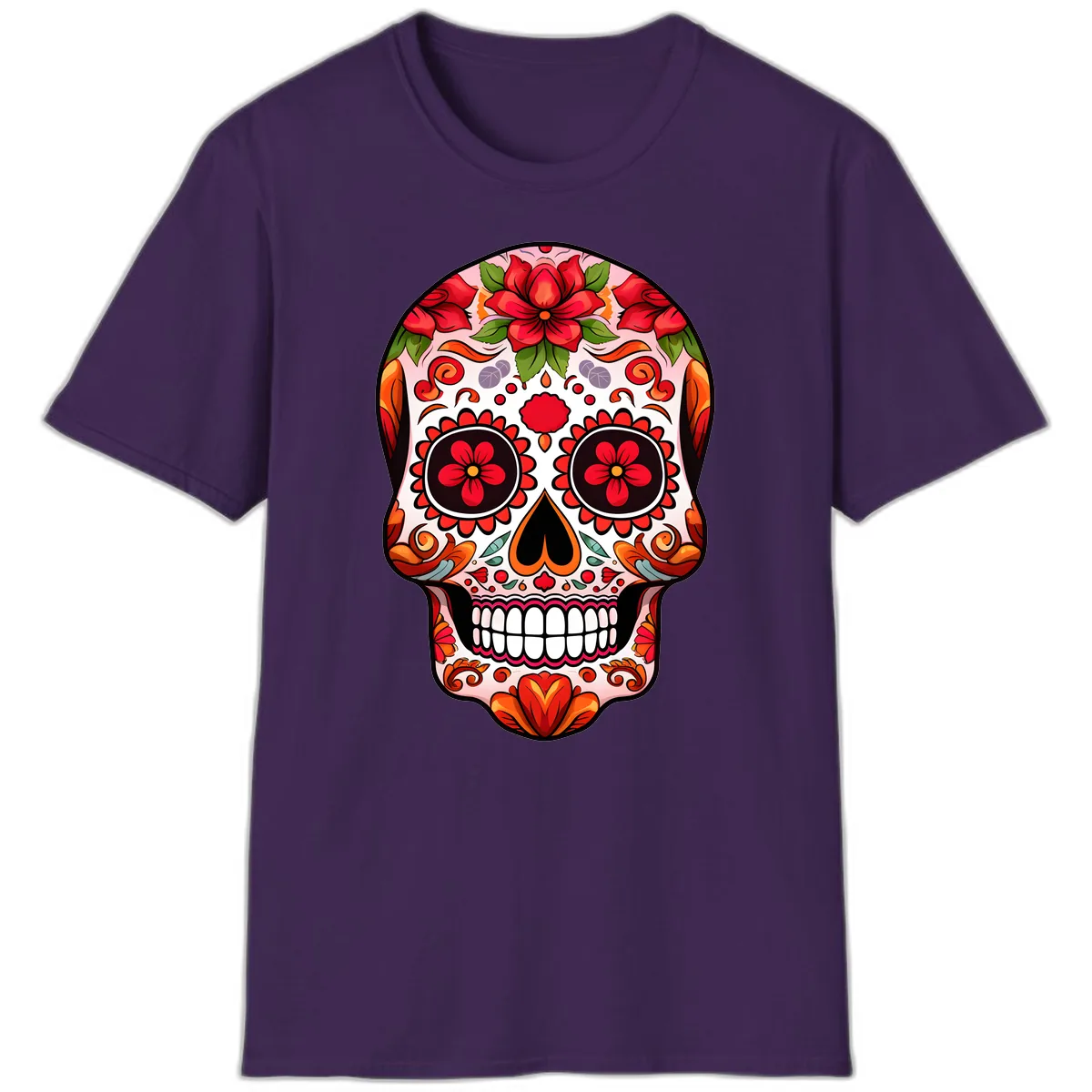 Vibrant Floral Sugar Skull Calavera T-Shirt in Purple