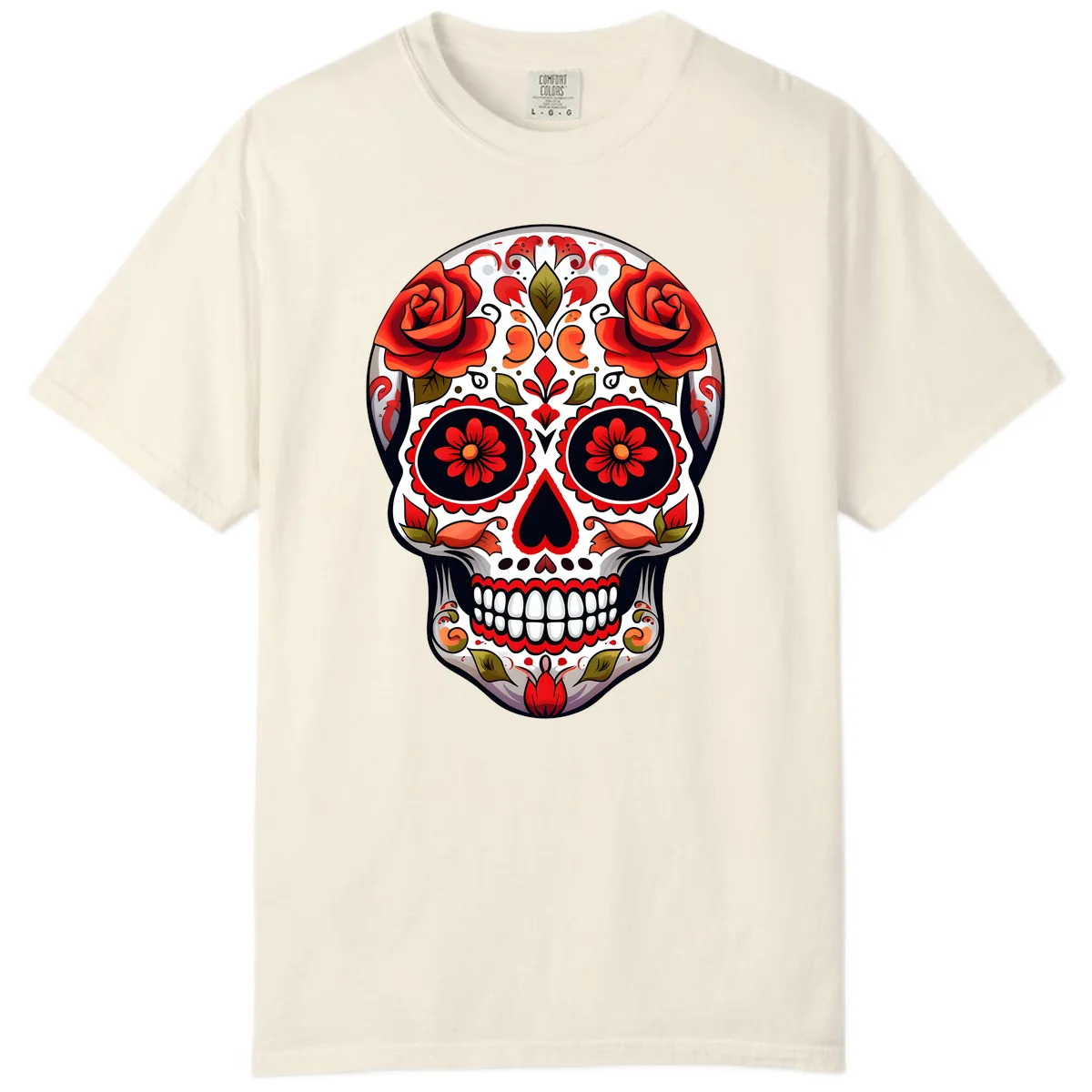 Vibrant Floral Sugar Skull Calavera Design Comfort Color in Ivory