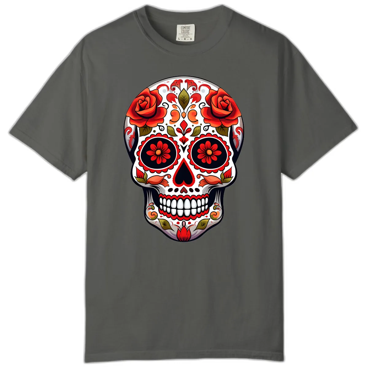 Vibrant Floral Sugar Skull Calavera Design Comfort Color in Pepper