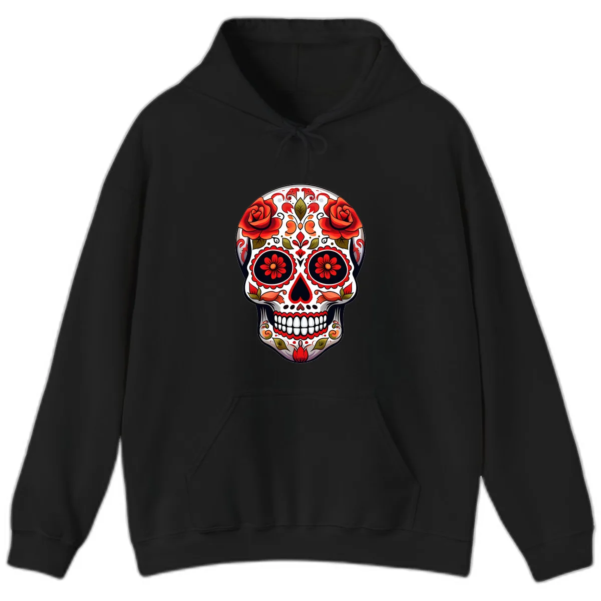 Vibrant Floral Sugar Skull Calavera Design Hoodie in Black
