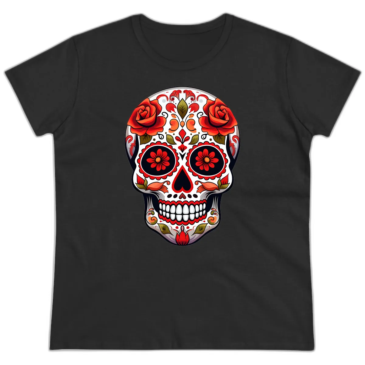 Vibrant Floral Sugar Skull Calavera Design Ladies Tee in Black