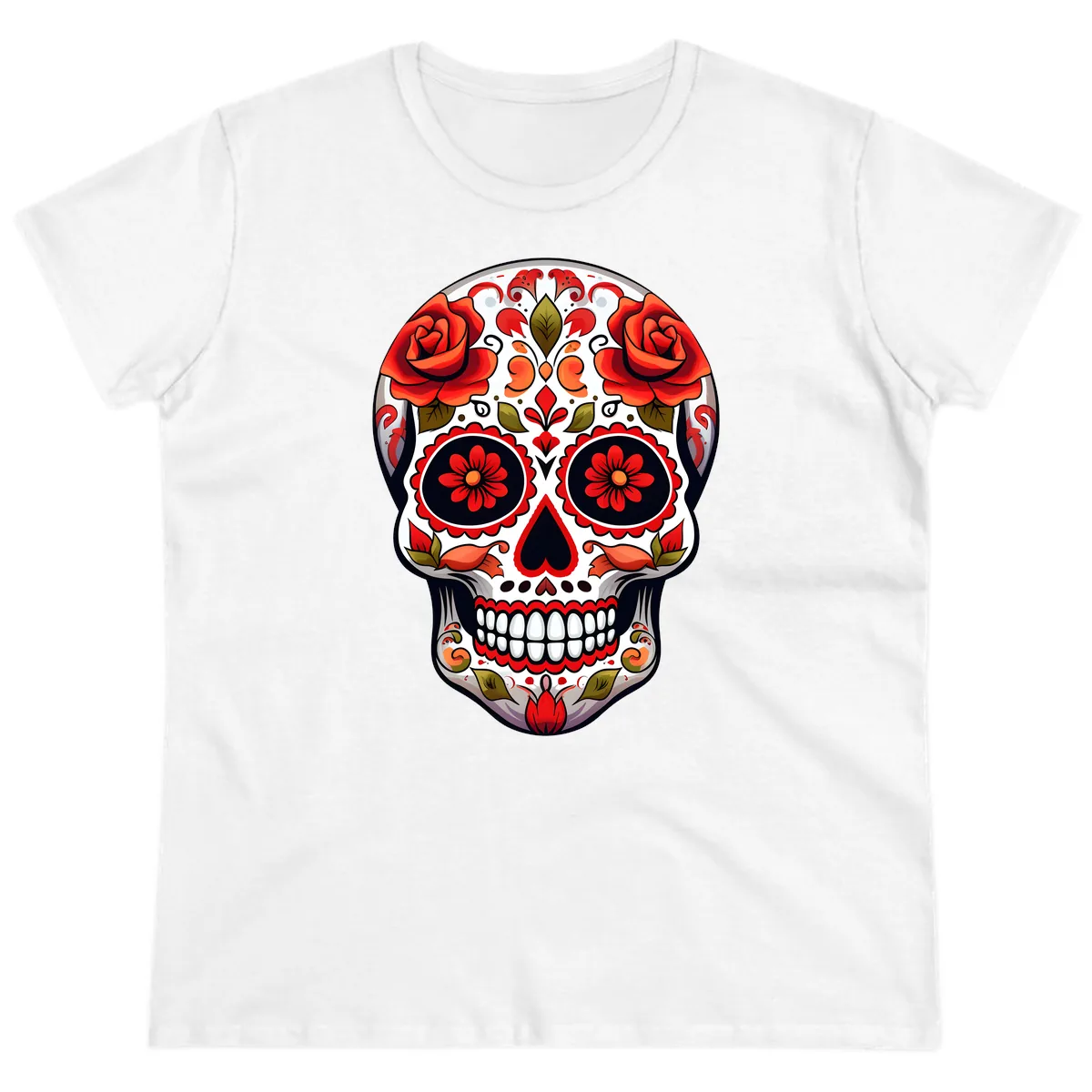 Vibrant Floral Sugar Skull Calavera Design Ladies Tee in White