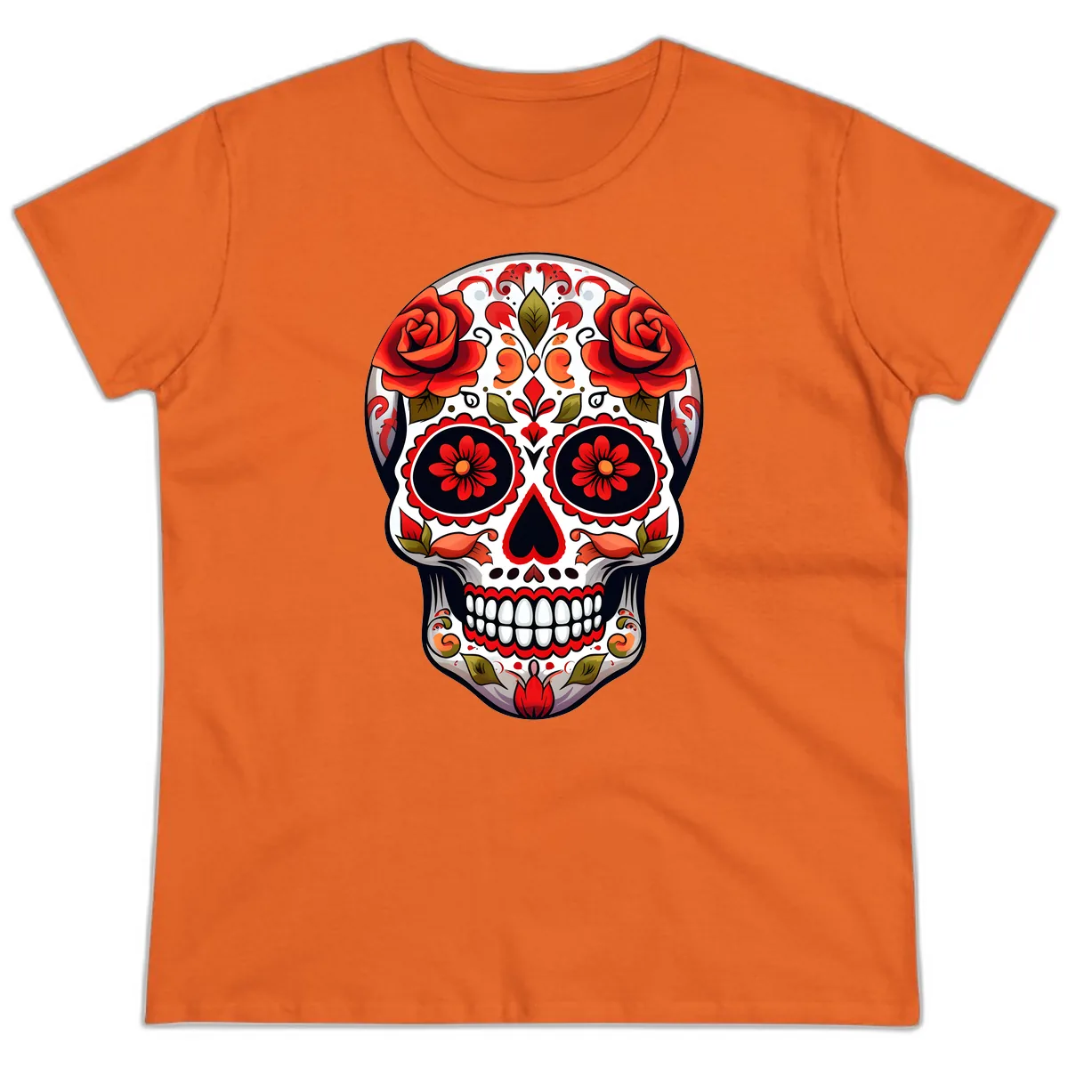 Vibrant Floral Sugar Skull Calavera Design Ladies Tee in Orange