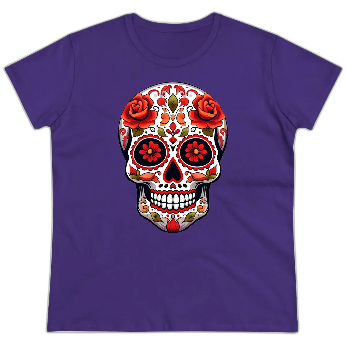 Vibrant Floral Sugar Skull Calavera Design Ladies Tee in Purple