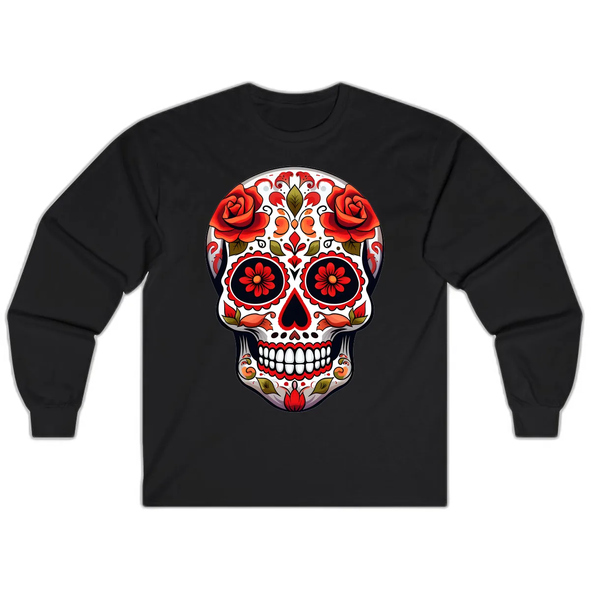 Vibrant Floral Sugar Skull Calavera Design Long Sleeve in Black