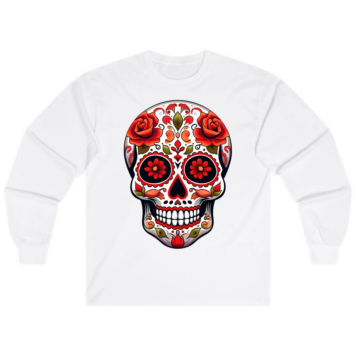 Vibrant Floral Sugar Skull Calavera Design Long Sleeve in White