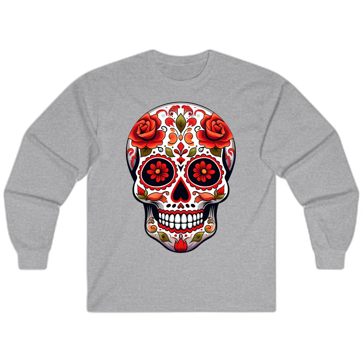 Vibrant Floral Sugar Skull Calavera Design Long Sleeve in Sport Grey