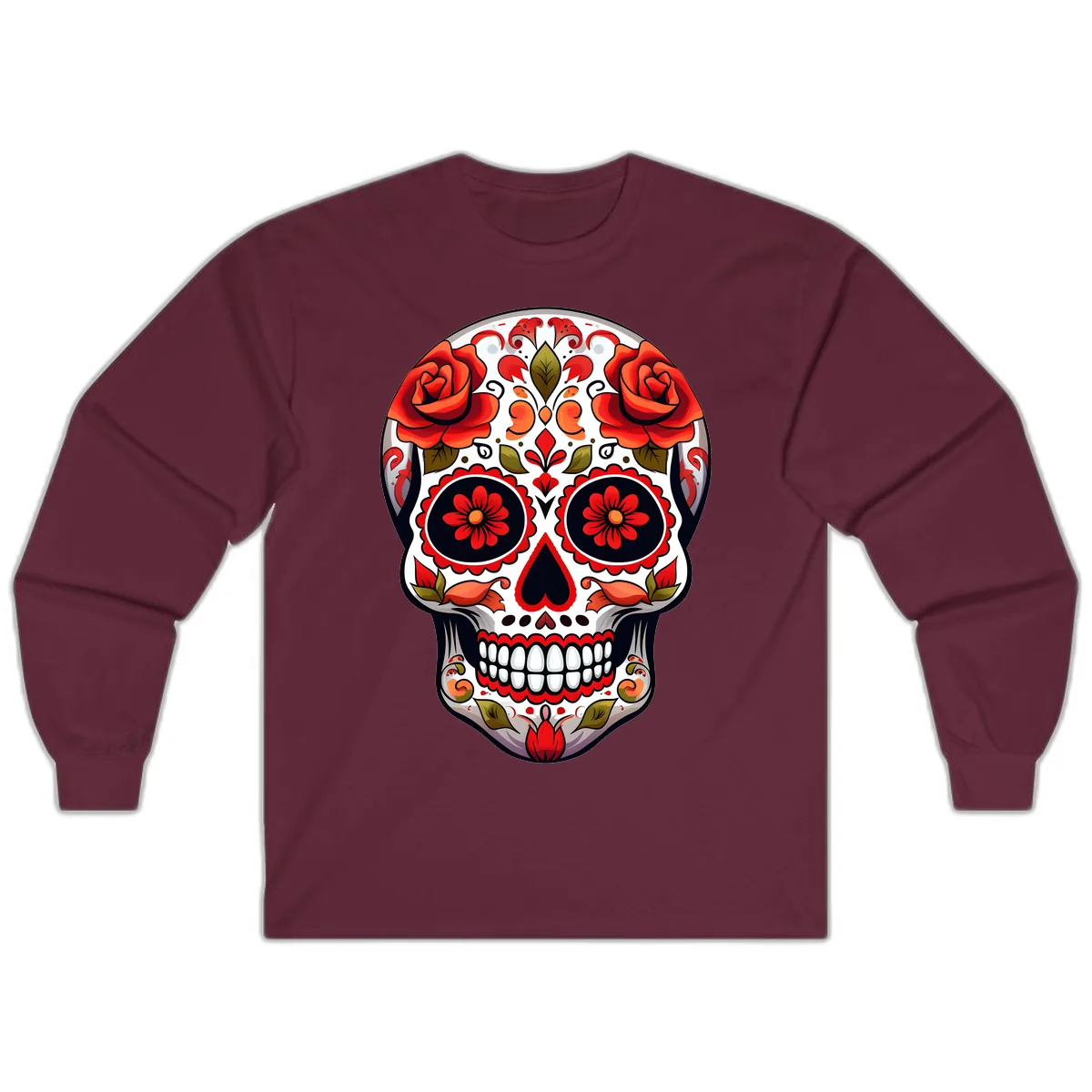 Vibrant Floral Sugar Skull Calavera Design Long Sleeve in Maroon