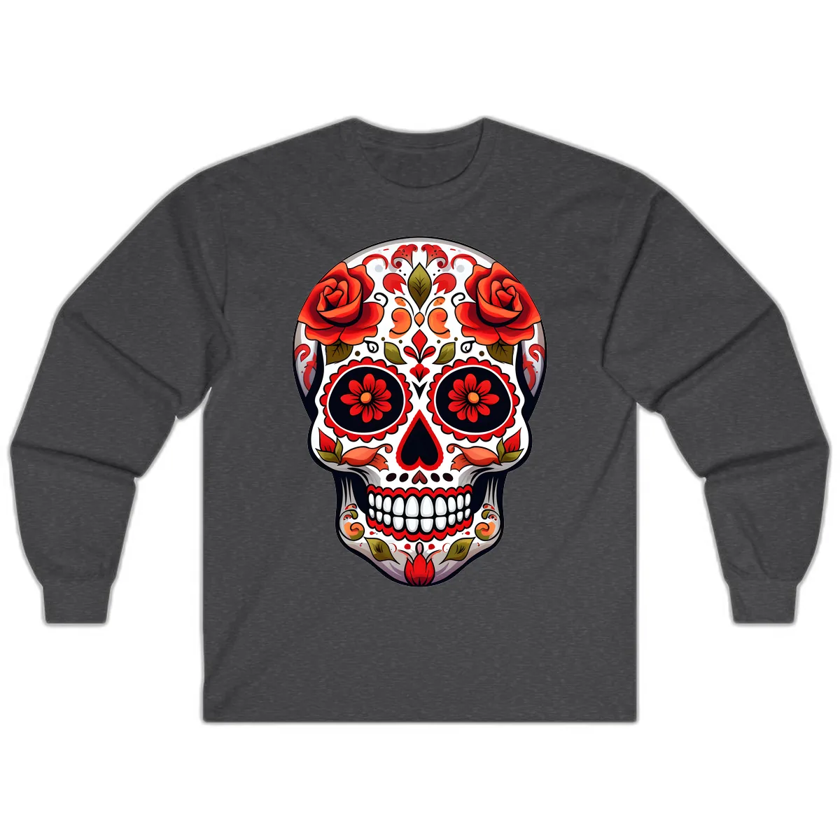 Vibrant Floral Sugar Skull Calavera Design Long Sleeve in Dark Heather