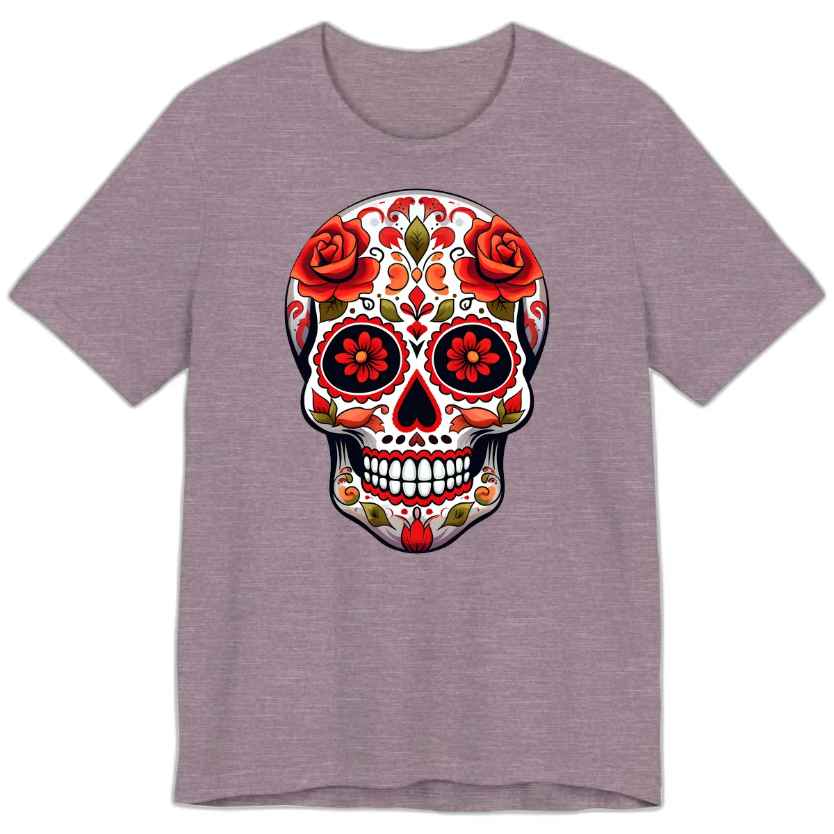 Vibrant Floral Sugar Skull Calavera Design Premium T-Shirt in Heather Purple