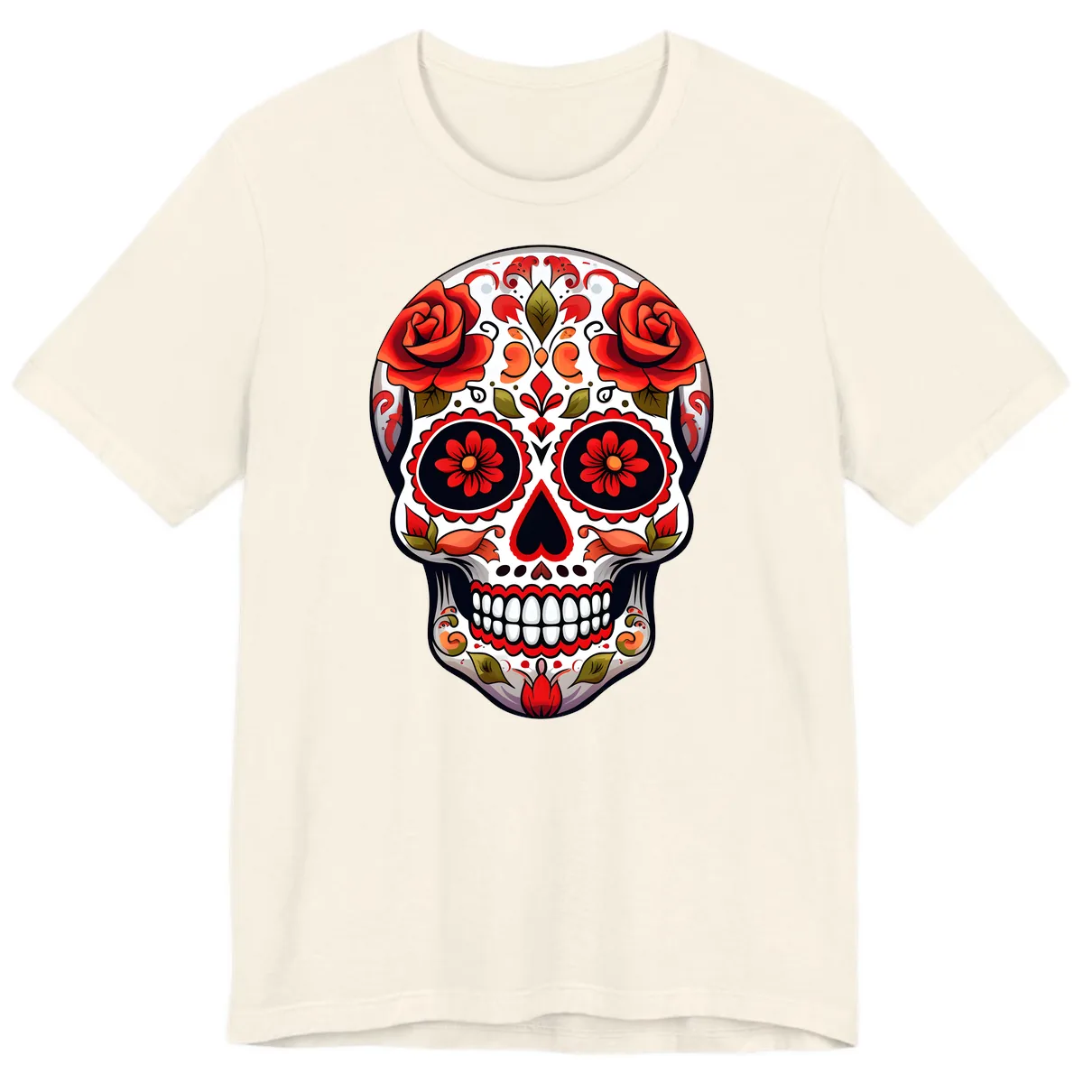 Vibrant Floral Sugar Skull Calavera Design Premium T-Shirt in Natural