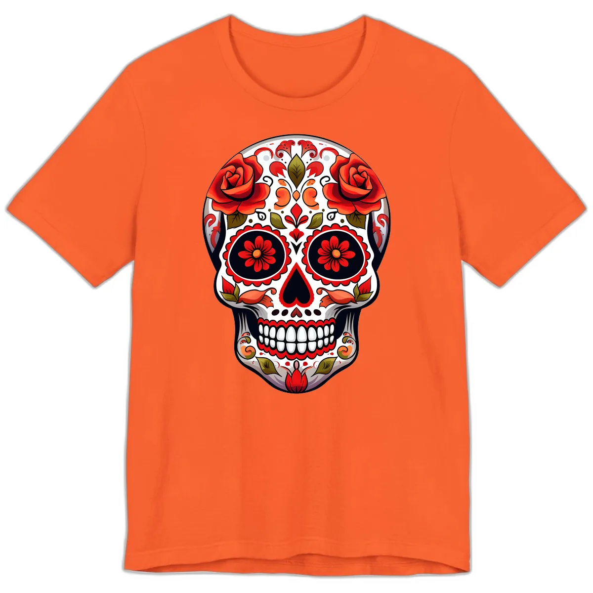 Vibrant Floral Sugar Skull Calavera Design Premium T-Shirt in Orange