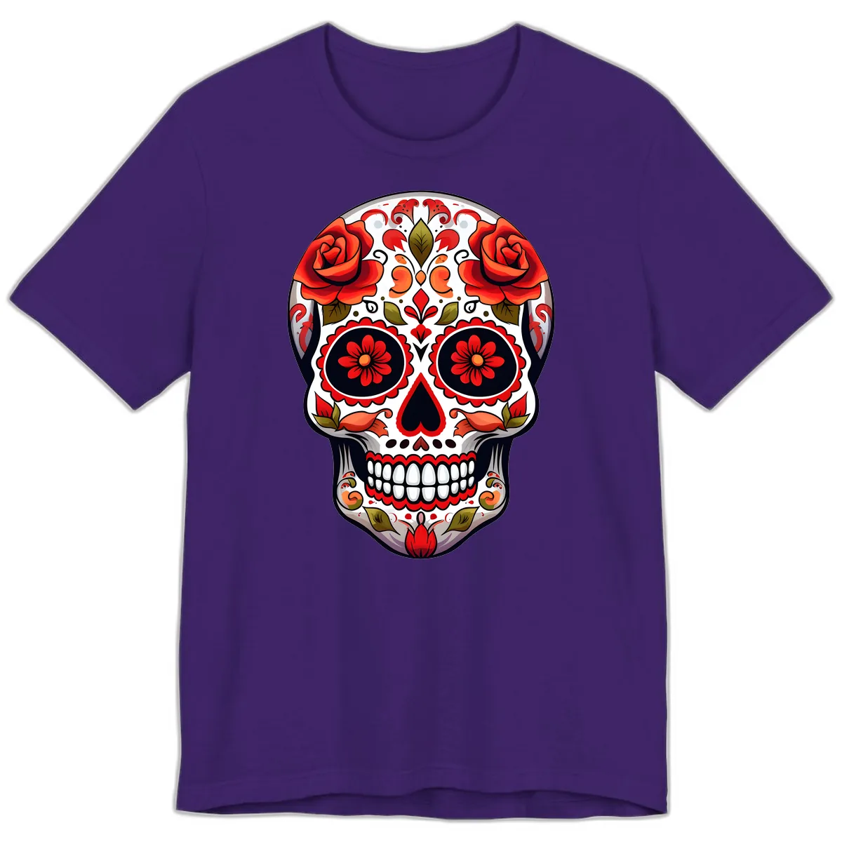 Vibrant Floral Sugar Skull Calavera Design Premium T-Shirt in Team Purple