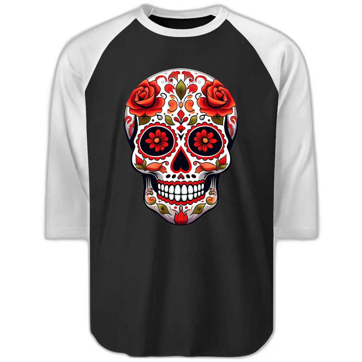 Vibrant Floral Sugar Skull Calavera Design Raglan 3/4 in Black White
