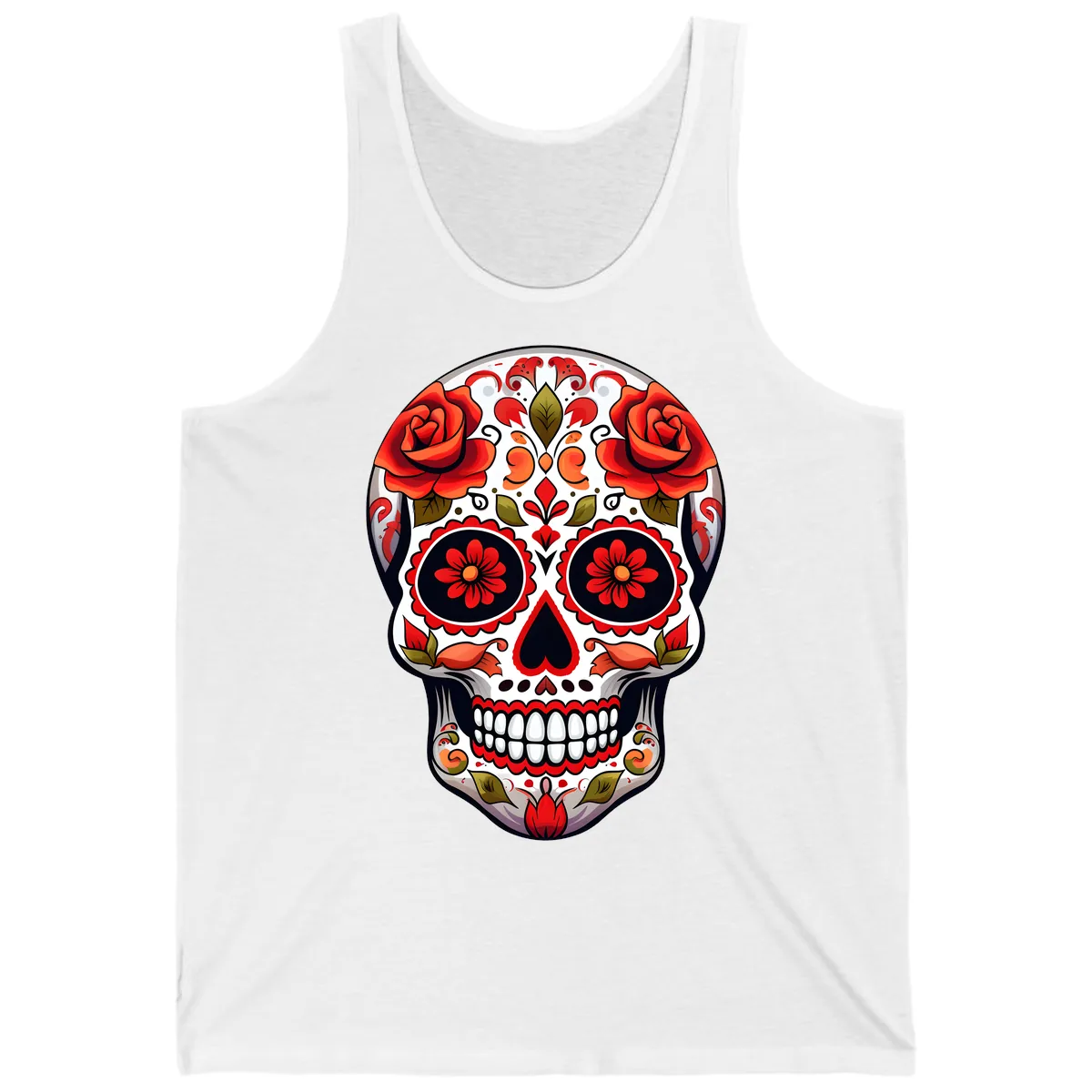 Vibrant Floral Sugar Skull Calavera Design Tank in White