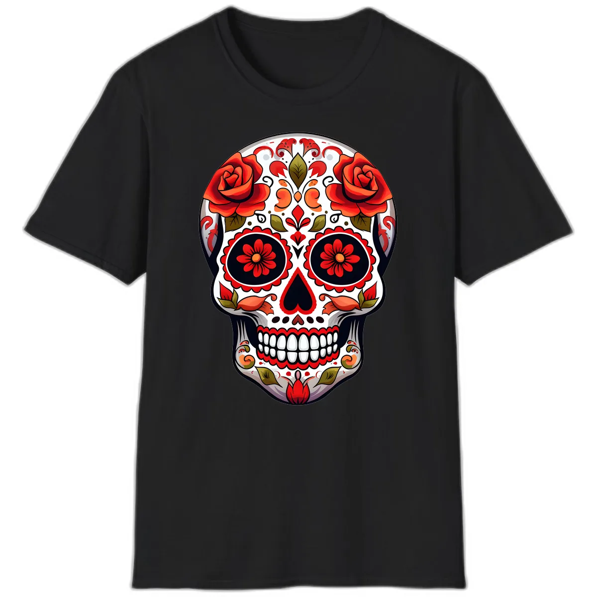 Vibrant Floral Sugar Skull Calavera Design T-Shirt in Black