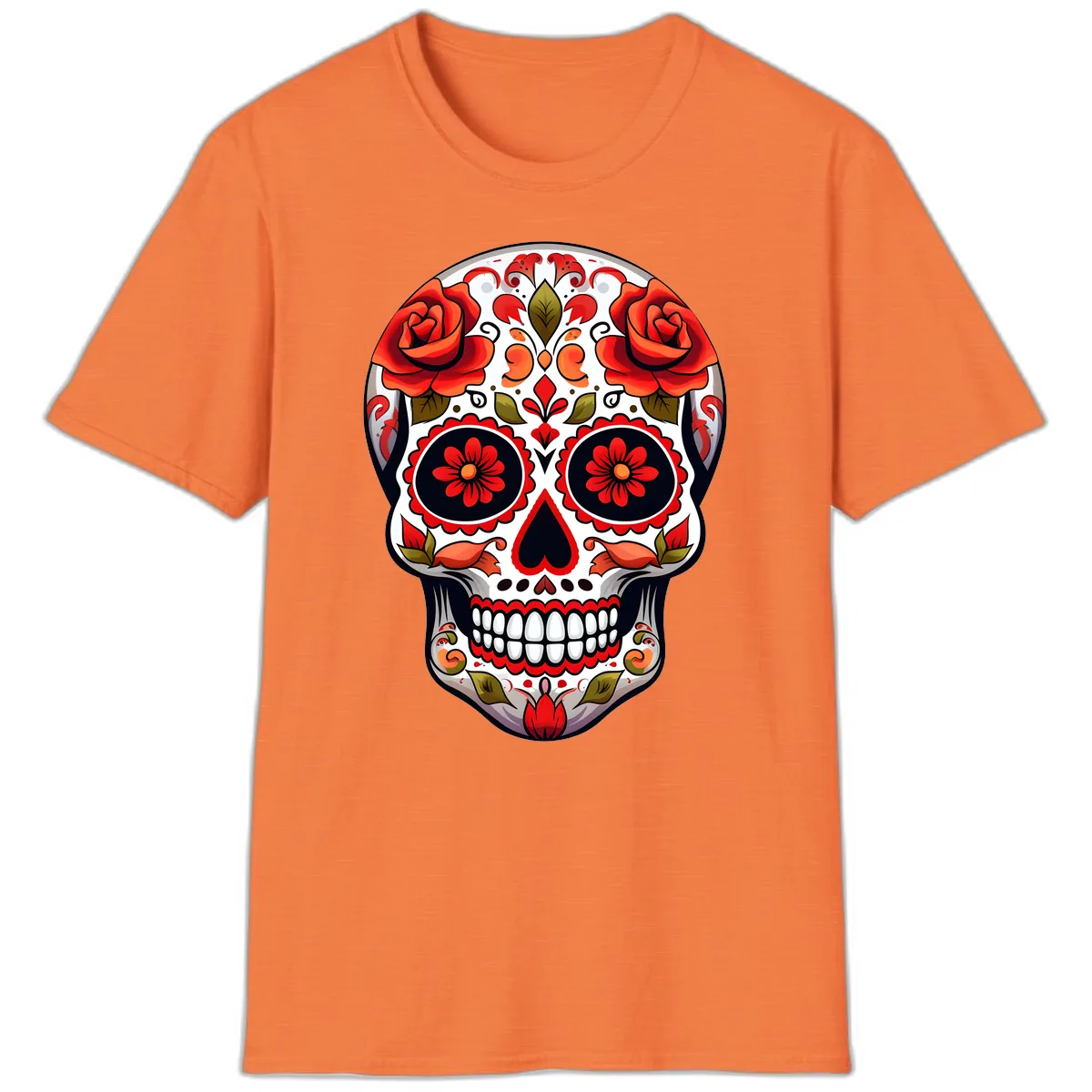 Vibrant Floral Sugar Skull Calavera Design T-Shirt in Heather Orange