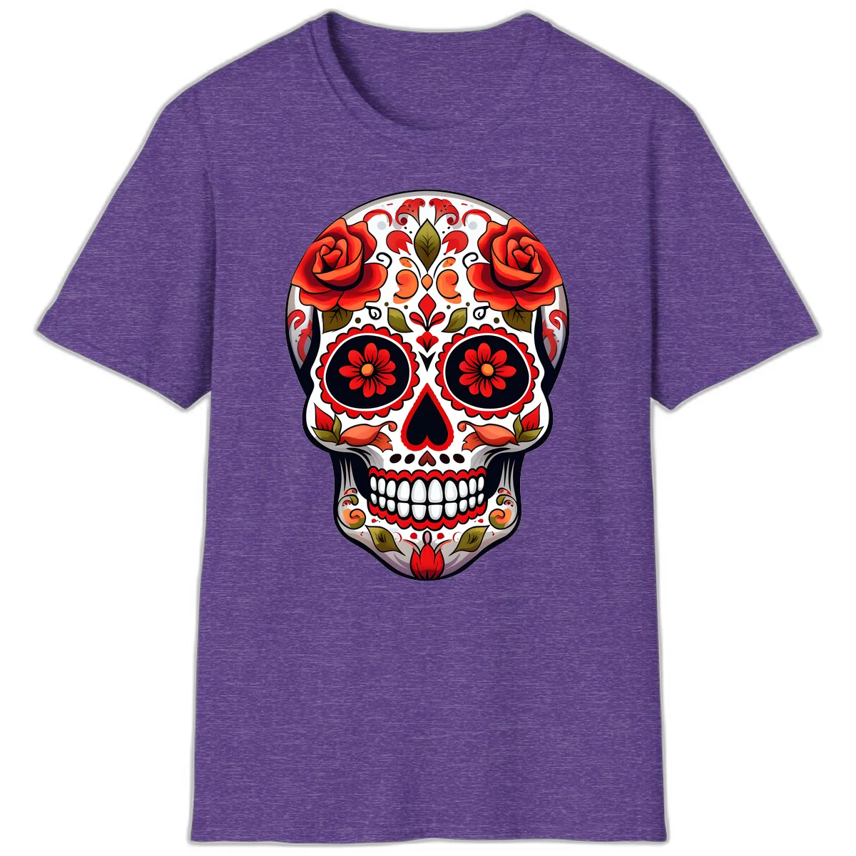 Vibrant Floral Sugar Skull Calavera Design T-Shirt in Heather Purple