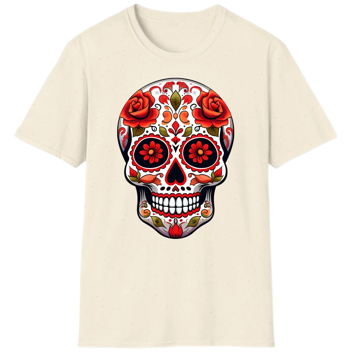 Vibrant Floral Sugar Skull Calavera Design T-Shirt in Natural