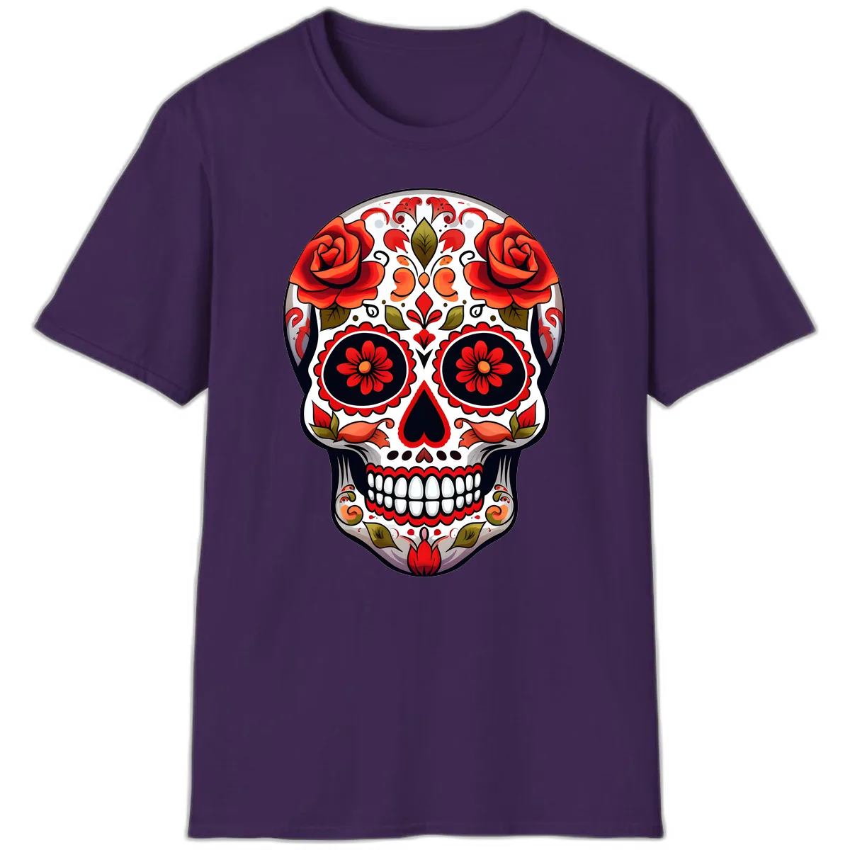 Vibrant Floral Sugar Skull Calavera Design T-Shirt in Purple