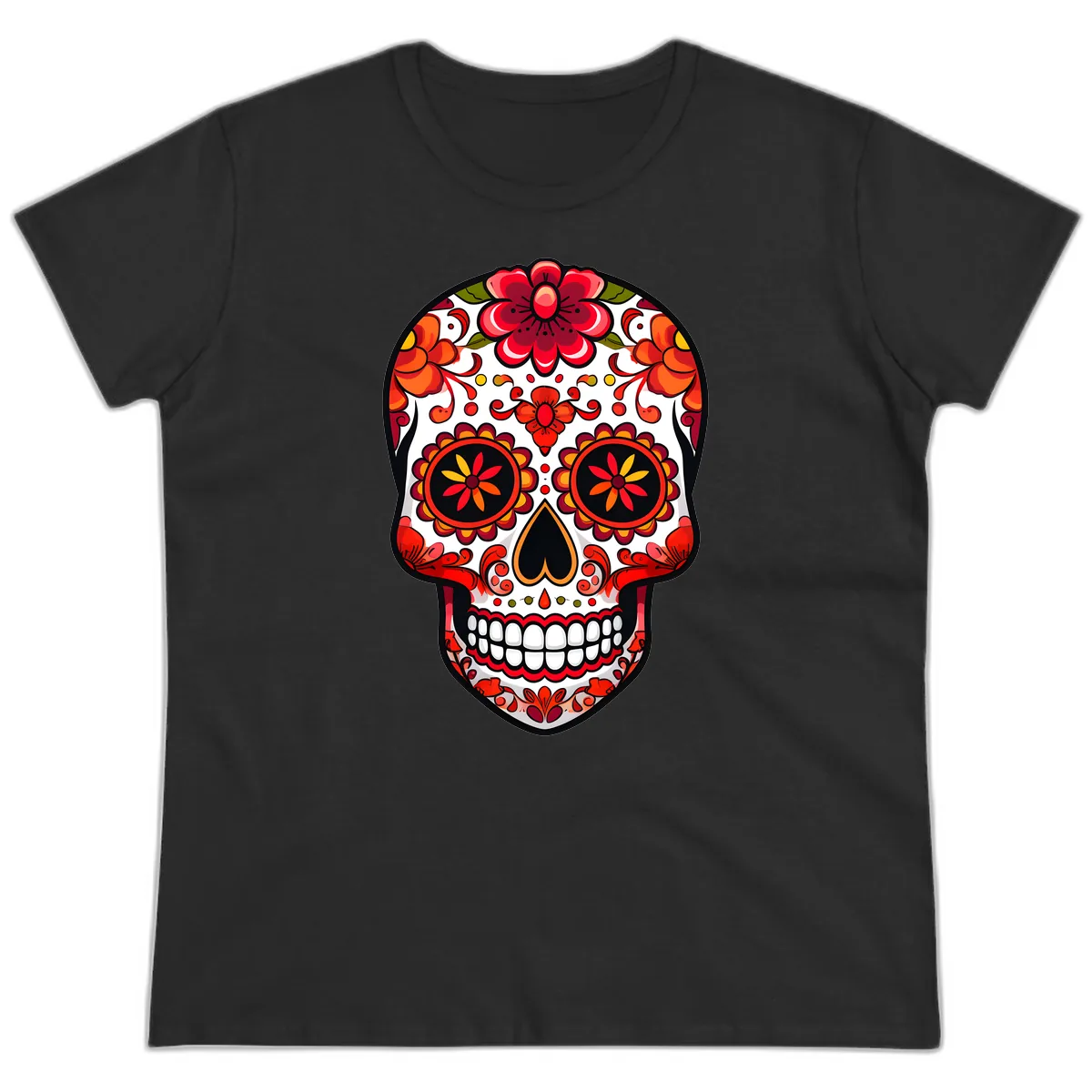 Vibrant Floral Calavera Sugar Skull Ladies Tee in Black