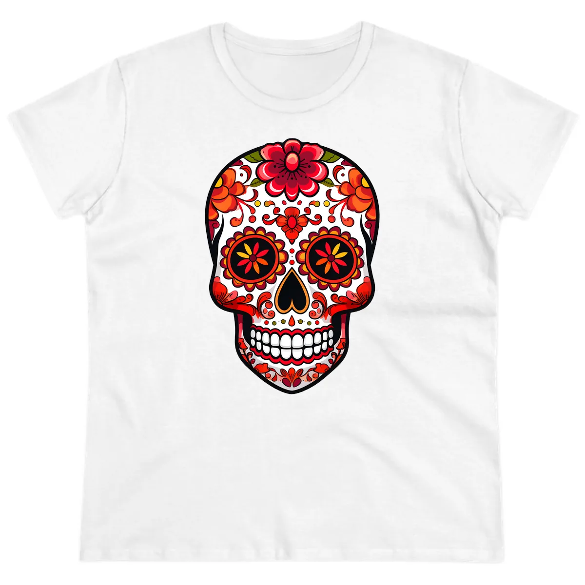 Vibrant Floral Calavera Sugar Skull Ladies Tee in White