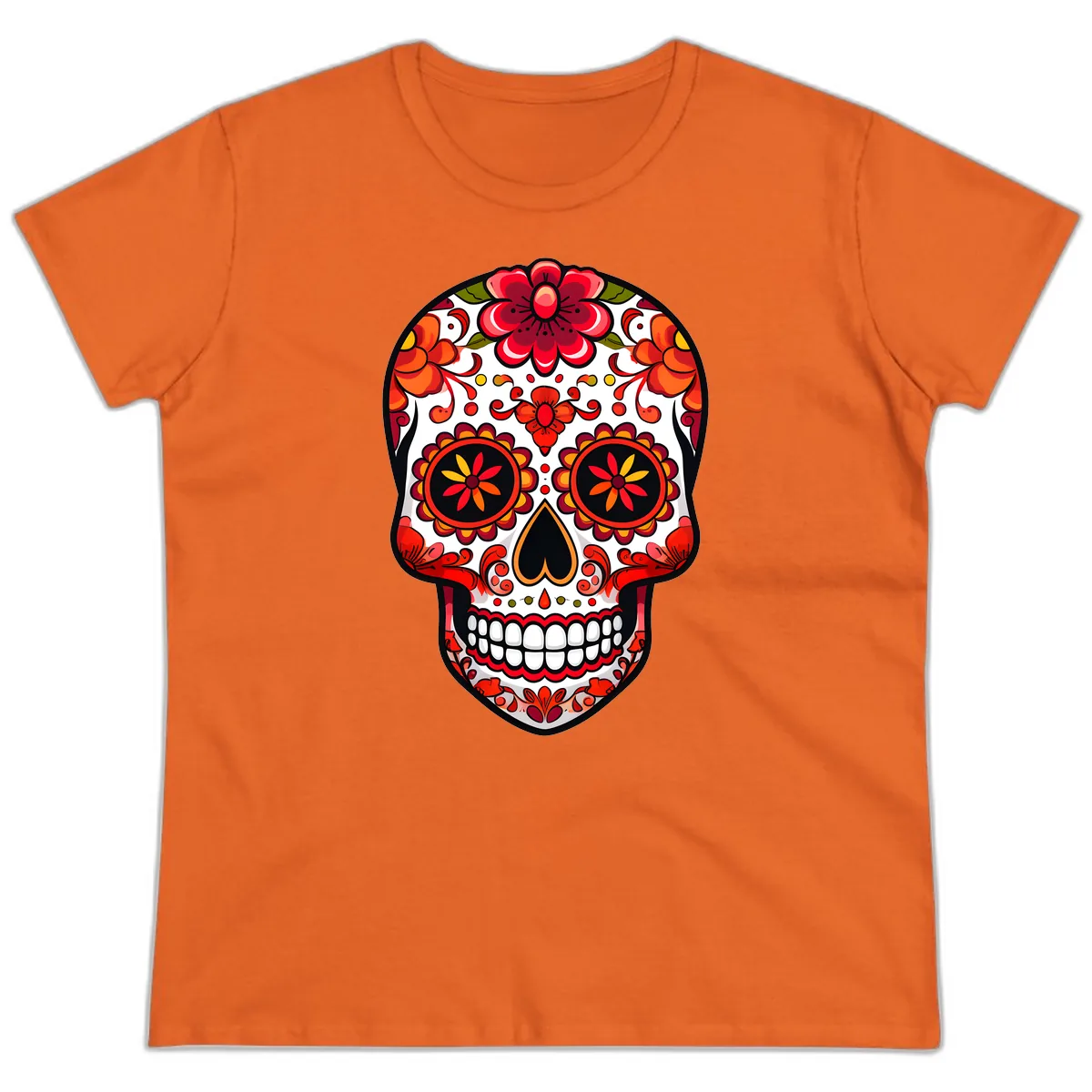 Vibrant Floral Calavera Sugar Skull Ladies Tee in Orange