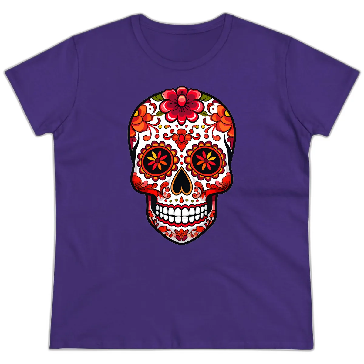 Vibrant Floral Calavera Sugar Skull Ladies Tee in Purple