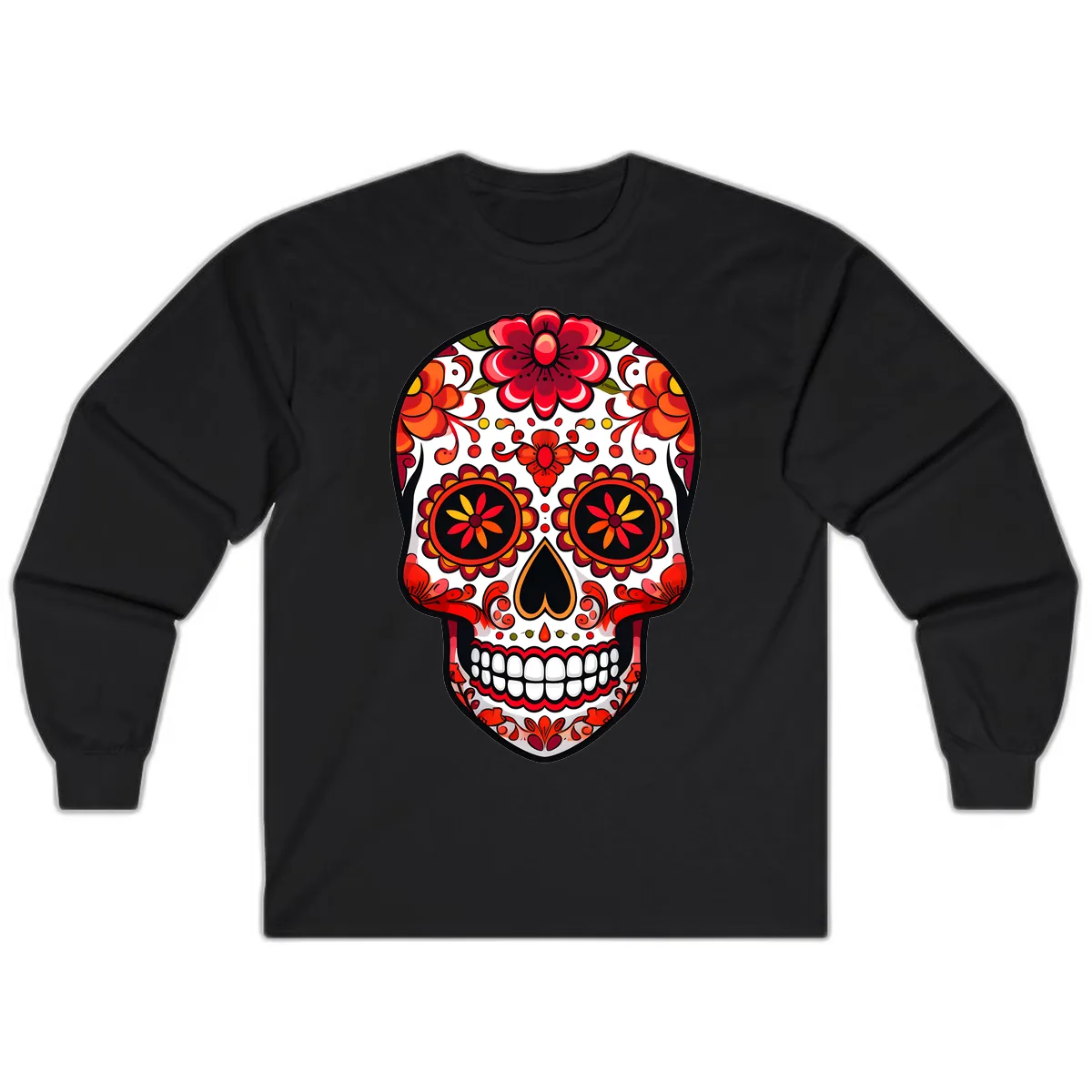 Vibrant Floral Calavera Sugar Skull Long Sleeve in Black