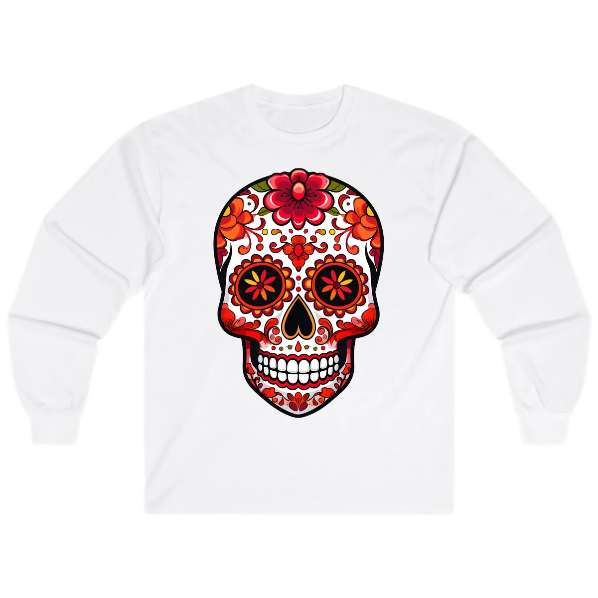 Vibrant Floral Calavera Sugar Skull Long Sleeve in White