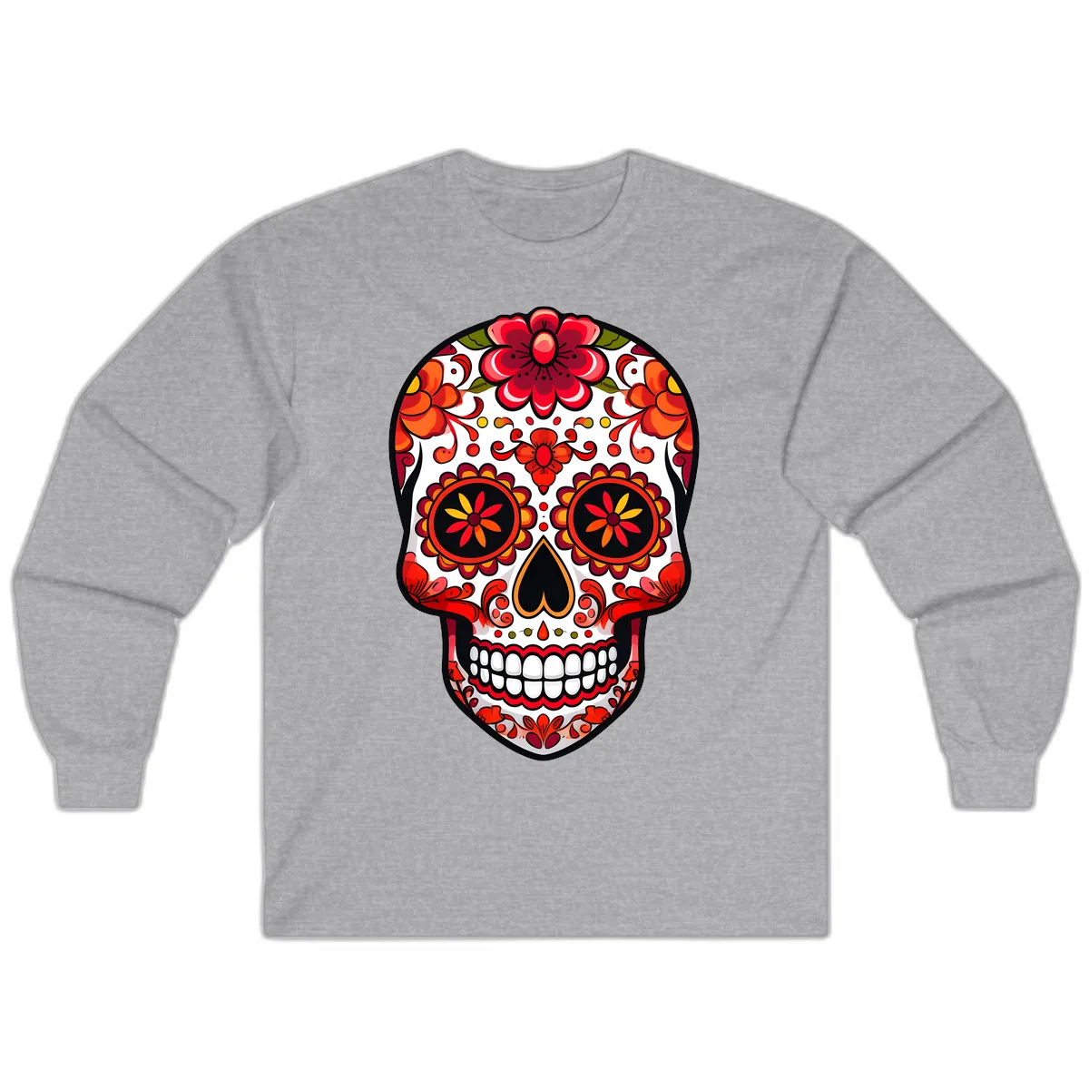 Vibrant Floral Calavera Sugar Skull Long Sleeve in Sport Grey