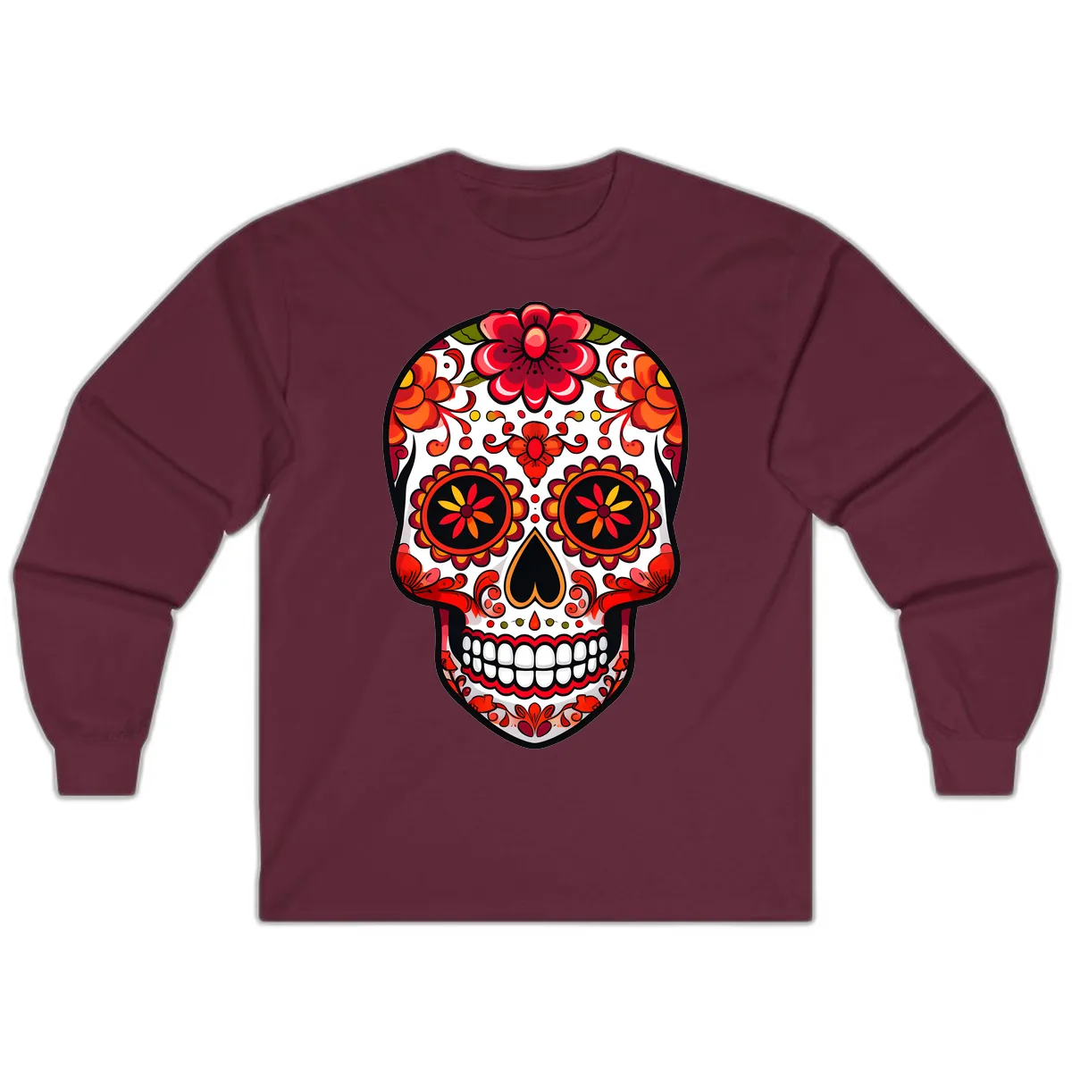 Vibrant Floral Calavera Sugar Skull Long Sleeve in Maroon