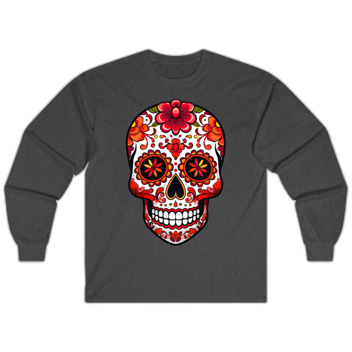 Vibrant Floral Calavera Sugar Skull Long Sleeve in Dark Heather