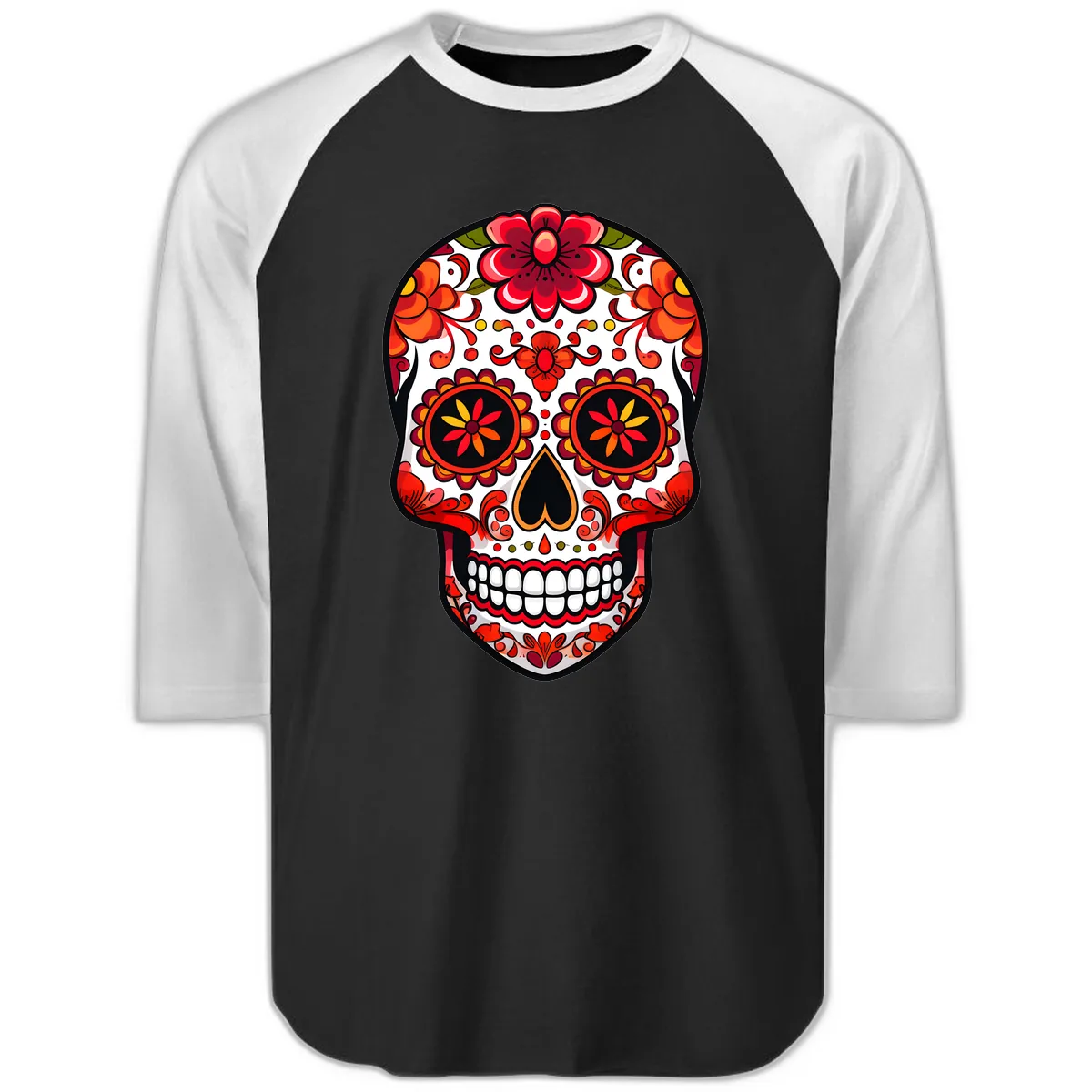 Vibrant Floral Calavera Sugar Skull Raglan 3/4 in Black White
