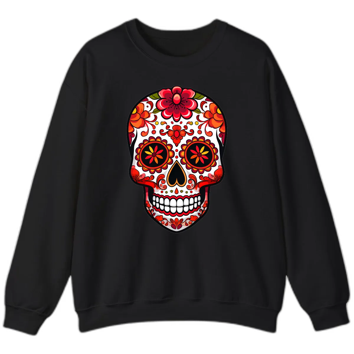 Vibrant Floral Calavera Sugar Skull Sweatshirt in Black