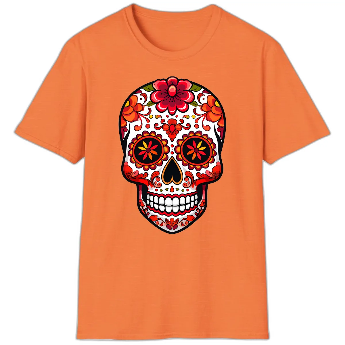 Vibrant Floral Calavera Sugar Skull T-Shirt in Heather Orange