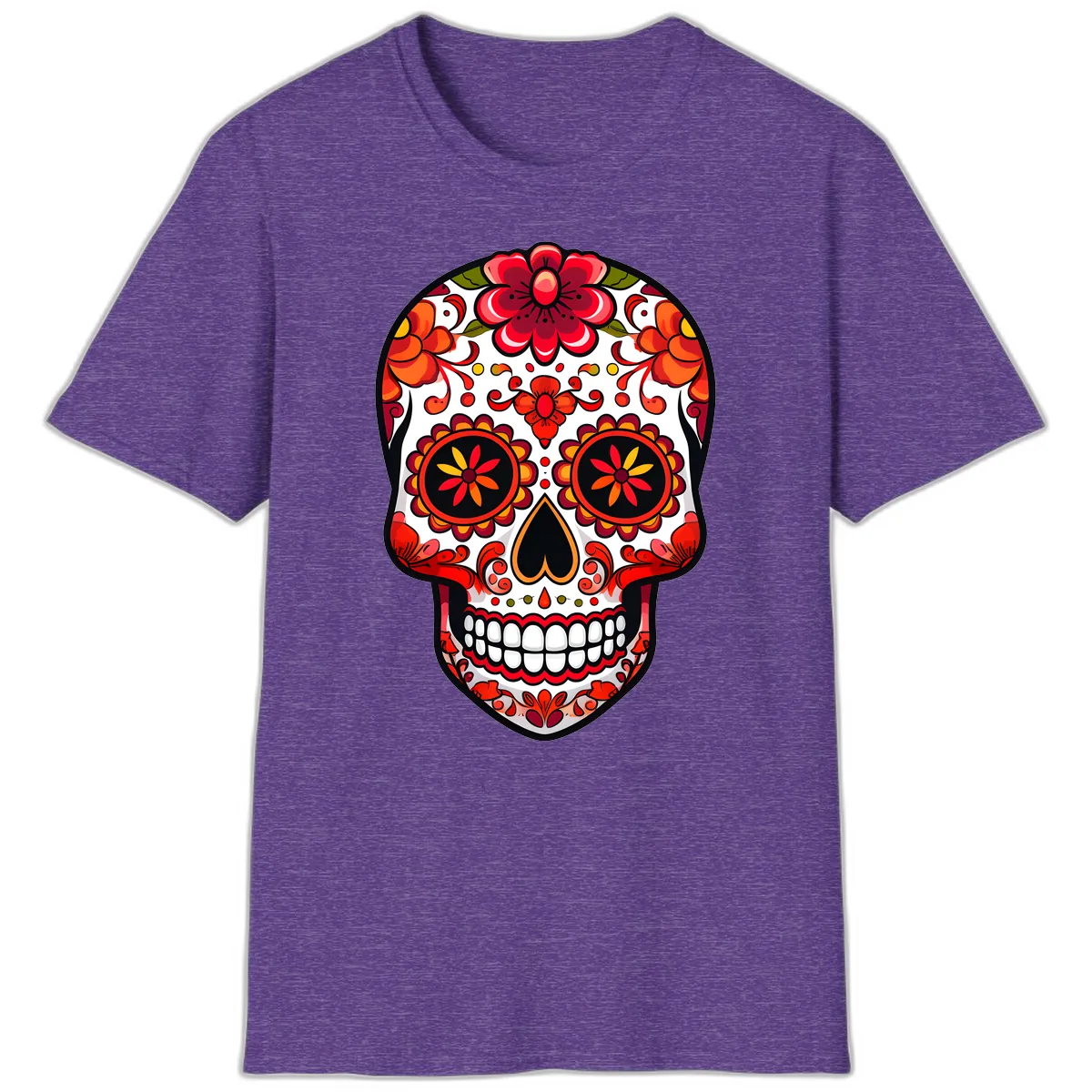 Vibrant Floral Calavera Sugar Skull T-Shirt in Heather Purple