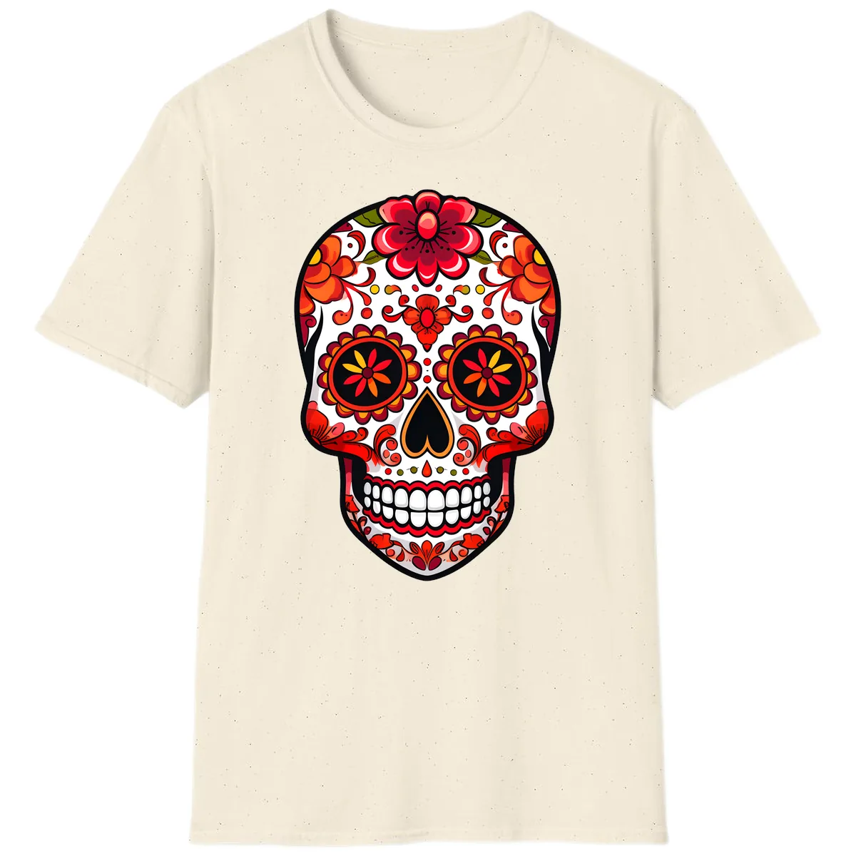 Vibrant Floral Calavera Sugar Skull T-Shirt in Natural