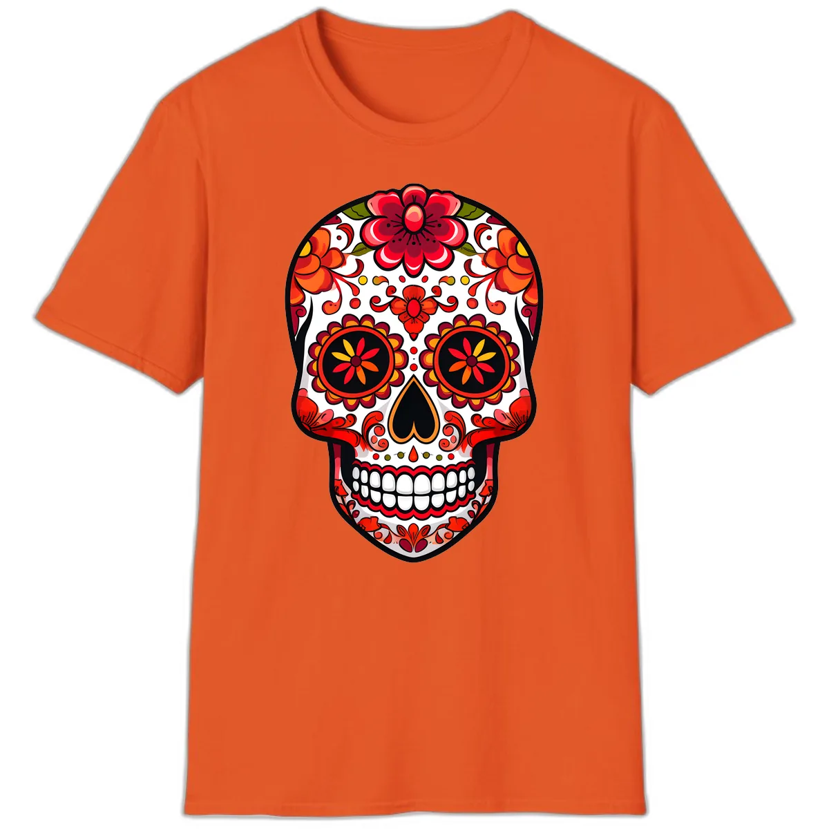 Vibrant Floral Calavera Sugar Skull T-Shirt in Orange