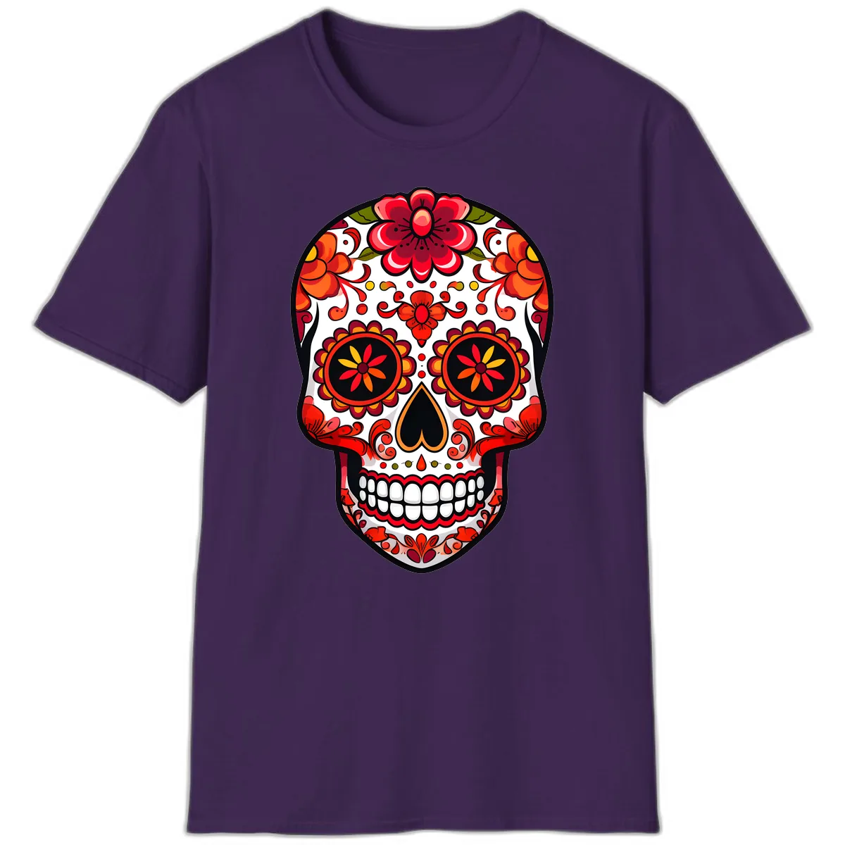 Vibrant Floral Calavera Sugar Skull T-Shirt in Purple