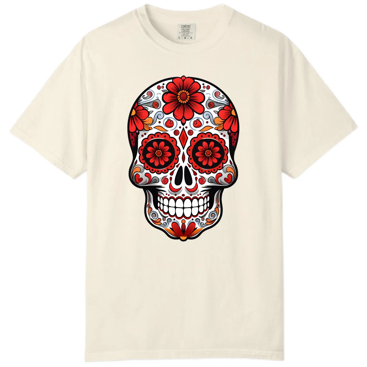 Vibrant Floral Calavera Sugar Skull Design Comfort Color in Ivory