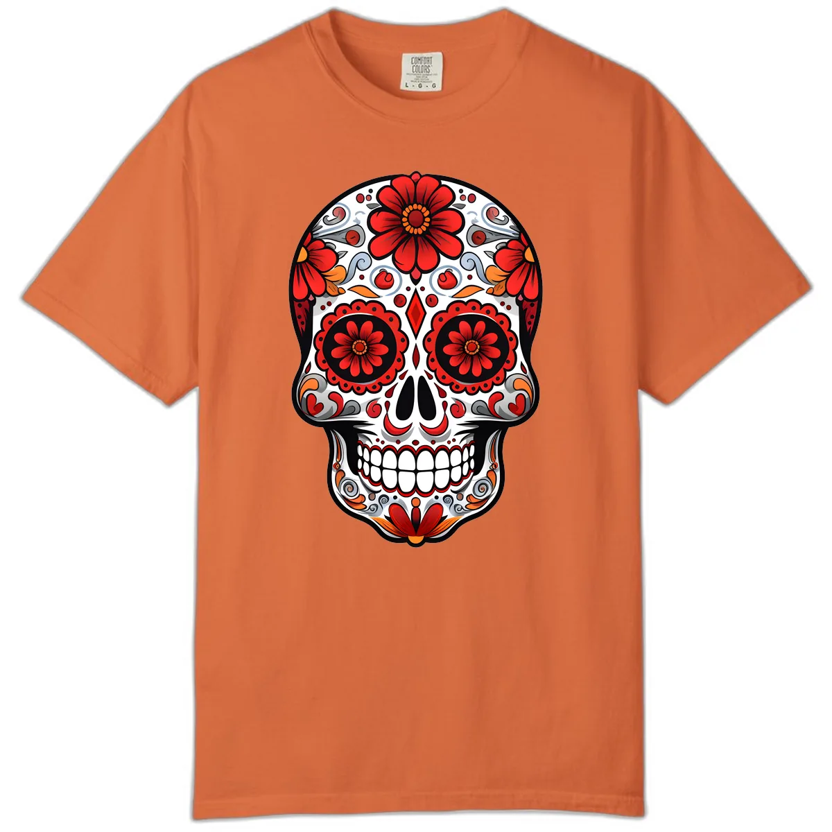Vibrant Floral Calavera Sugar Skull Design Comfort Color in Burnt Orange