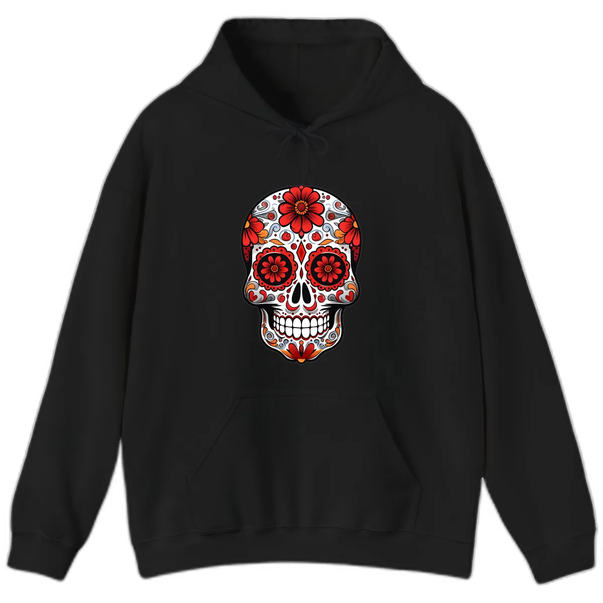 Vibrant Floral Calavera Sugar Skull Design Hoodie in Black