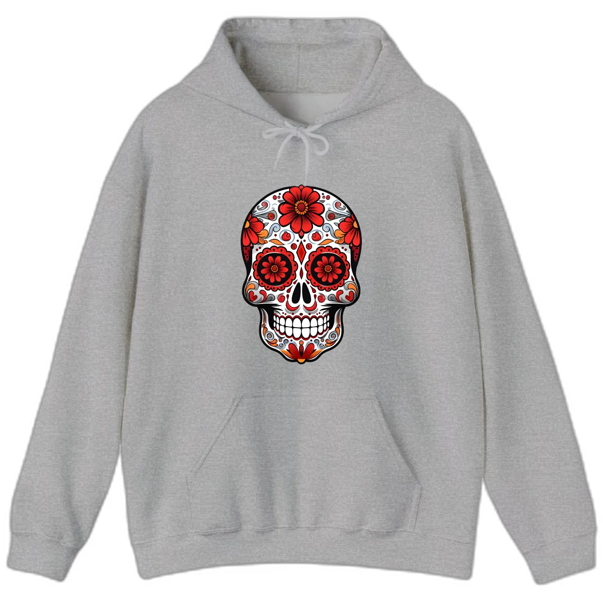 Vibrant Floral Calavera Sugar Skull Design Hoodie in Sport Grey