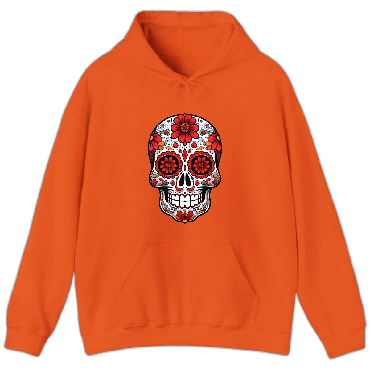 Vibrant Floral Calavera Sugar Skull Design Hoodie in Orange