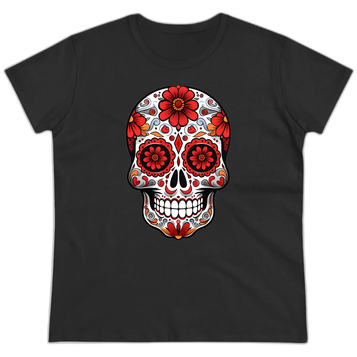 Vibrant Floral Calavera Sugar Skull Design Ladies Tee in Black