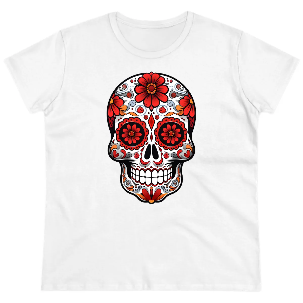Vibrant Floral Calavera Sugar Skull Design Ladies Tee in White