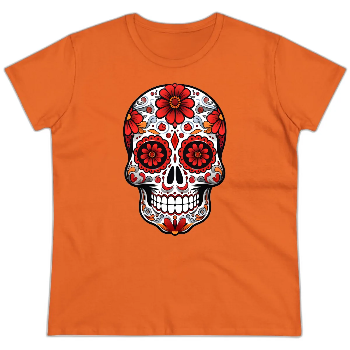 Vibrant Floral Calavera Sugar Skull Design Ladies Tee in Orange
