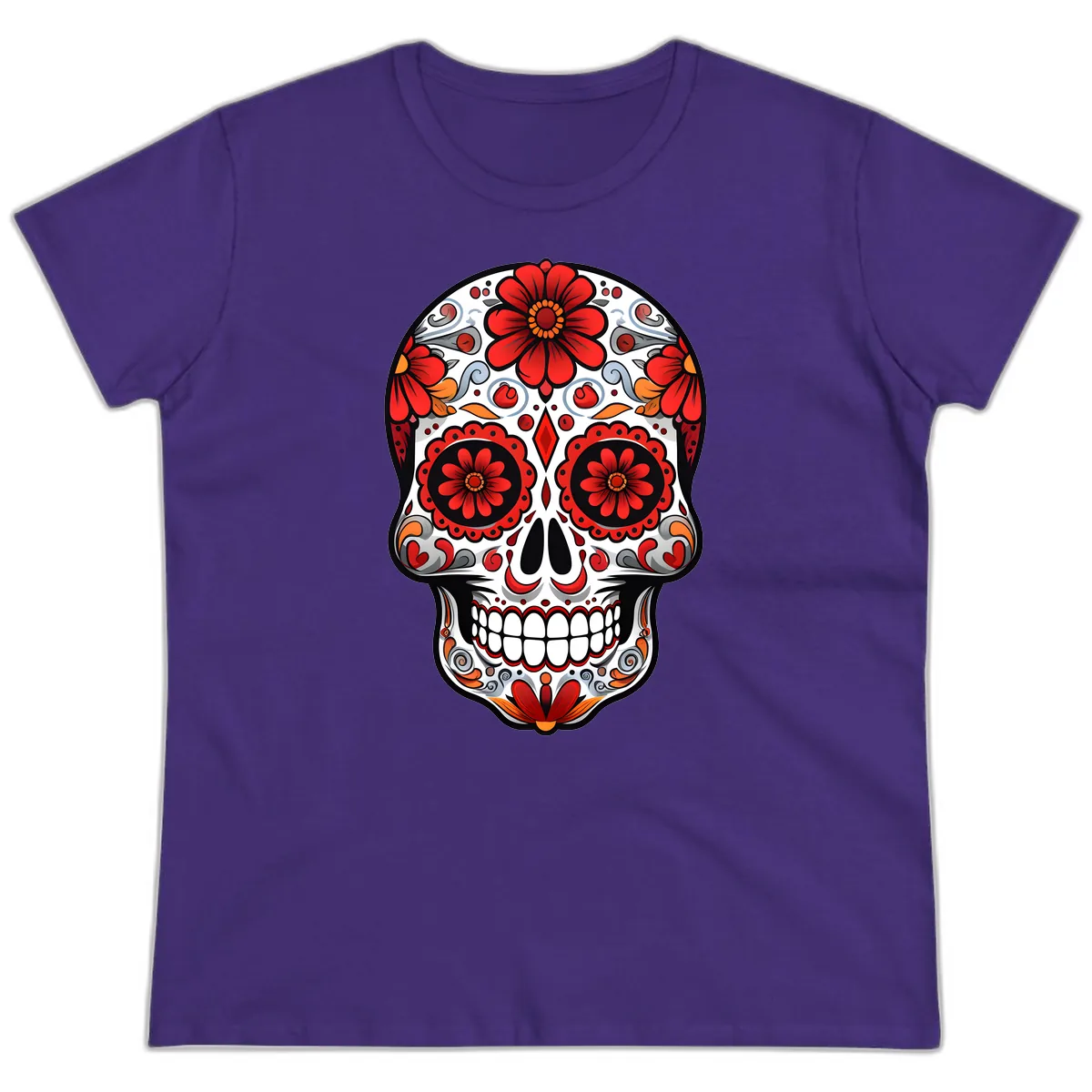 Vibrant Floral Calavera Sugar Skull Design Ladies Tee in Purple
