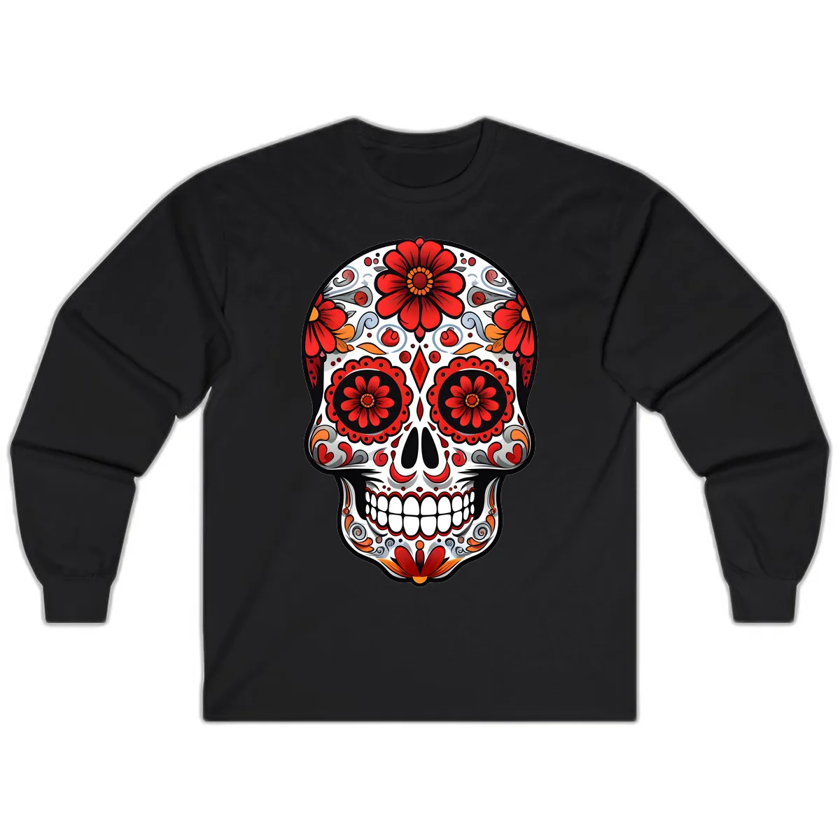 Vibrant Floral Calavera Sugar Skull Design Long Sleeve in Black